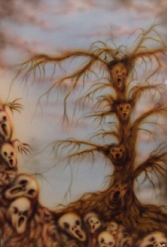 surreal painting, tree made of skulls dies screaming 2
