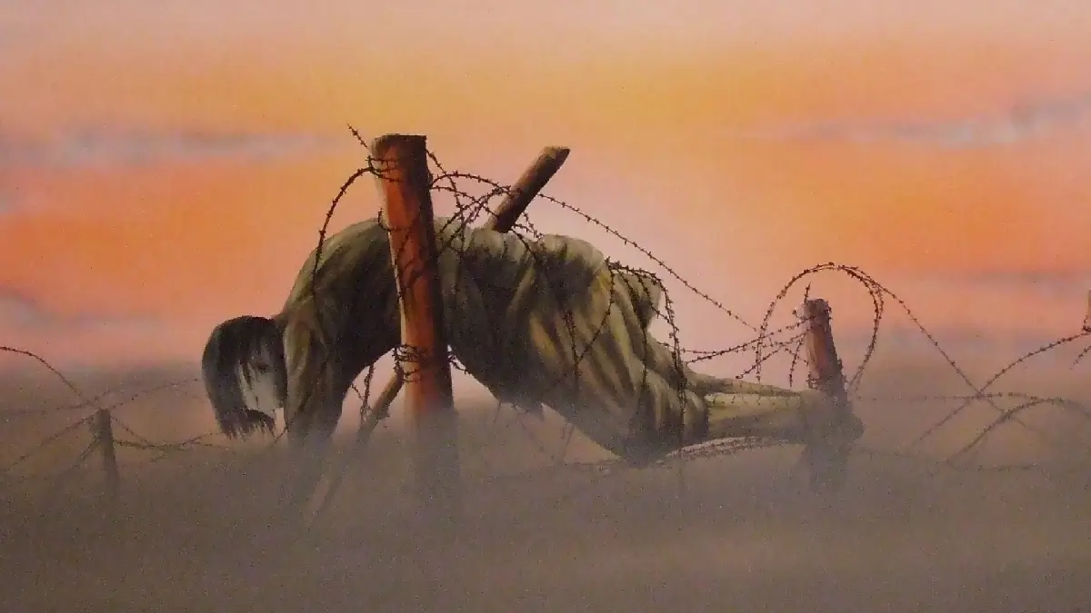 Painting of dead soldier on barbed wire