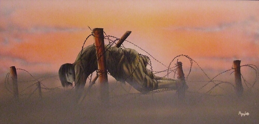 surreal painting, world war 1 scene on wire, fallen comrade