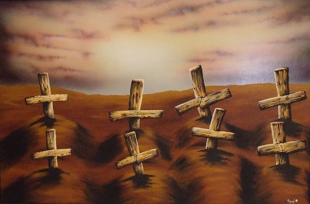 Painting of 8 wooden crosses in the ground